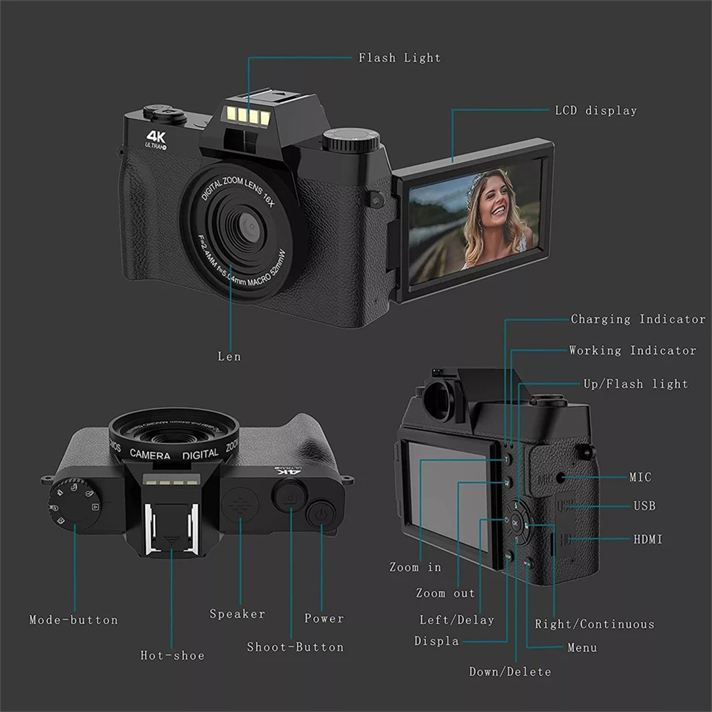 GC Professional WiFi Digital Camera 4K Camcorder 3.0 180° Flip Screen & Built-in Battery Selfile Digital Webcam For Beginners Travel. 