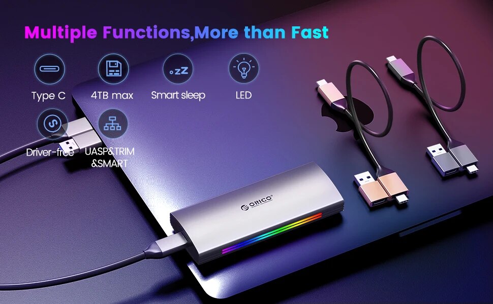 ORICO RGB 10Gbps M2 NVMe SSD Enclosure Aluminum USB3.1 Gen2 Case for M Key M&B Key Solid State Drive for Gamer Video Editing. 