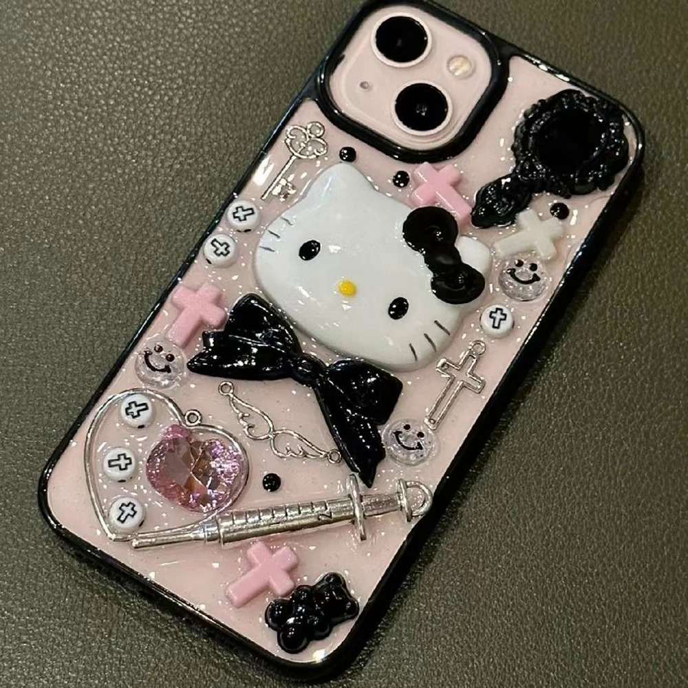 【Emotion HENG】Sanrio 3D Hello Kitty with bracelet clear phone case for iPhone 15 14 13 12 11 pro Max 15pro anti-fall back cover Y2K girl gift