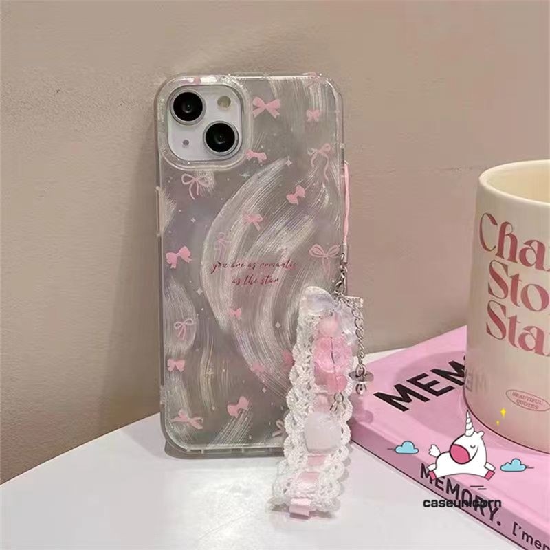 Romance Pink Gradient Bowknot Cartoon Bracelet Case Compatible For IPhone 7Plus 15 13 11 14 12 Pro Max XR XS Max X 15 8 14 7 Plus SE 2020 English Tag Luxury Pearly Luster Card Case. 