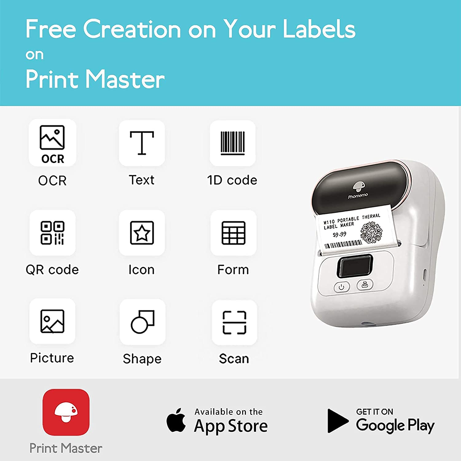 Phomemo M110 Label Maker - Portable Blue-tooth Thermal Label Maker Printer for Barcode, Clothing, Jewelry, Retail, Mailing, Compatible with Android & iOS System, Support 20mm-50mm Width Sticker Paper printing. 