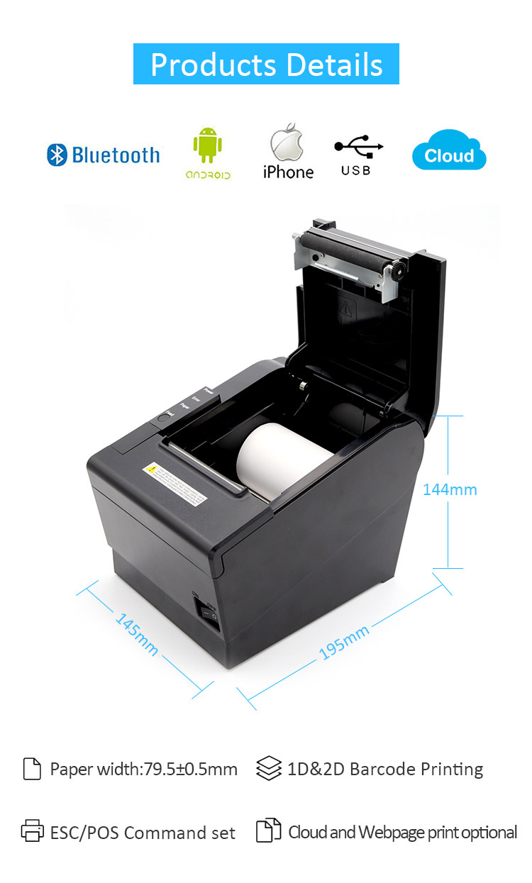 3-inch Receipt POS Printer with Auto Cutter | Desktop Direct Thermal Printer (80mm) | Bluetooth USB Connectivity | High-Speed Printing | Compatible with ESC/POS for Retail Stores, Grocery Stores, Clothing Shops, Supermarket, Cafe. 