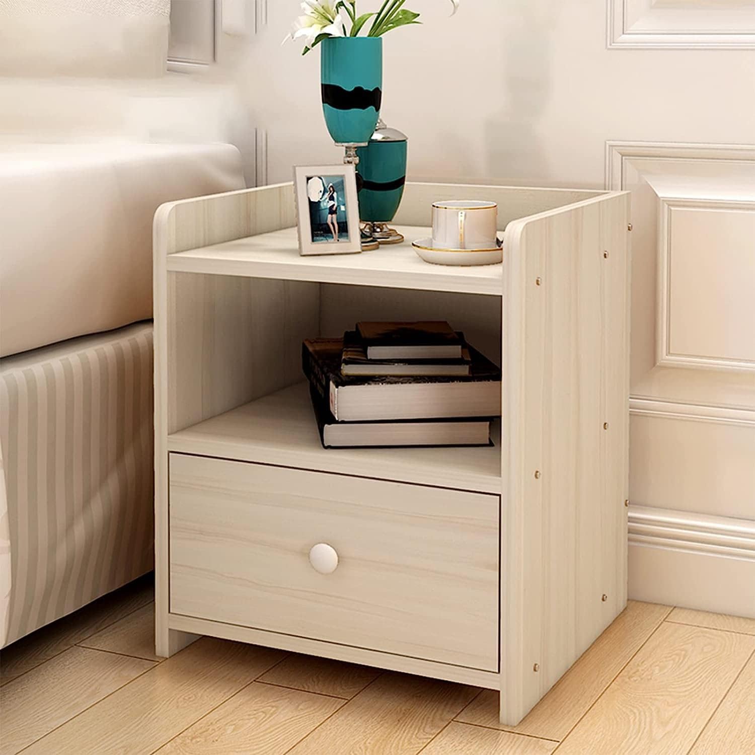 Bedside Cabinet, Bedside Tables Bedroom Bedside Table with Cupboard, Modern Bedside Cabinet with Drawer and Open Shelf, 1 Layers Of Storage Nightstand Table,18/16. 