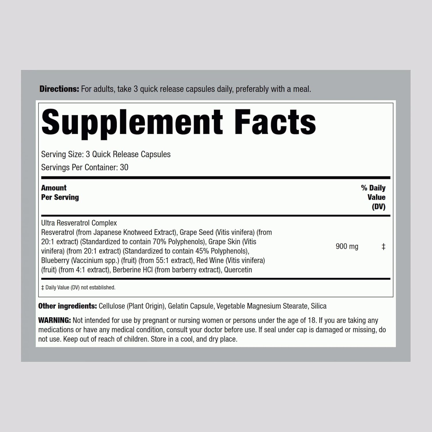 Piping Rock Resveratrol Berberine Grape Seed & Quercetin | 90 Capsules | Non-GMO Gluten Free Supplement. 