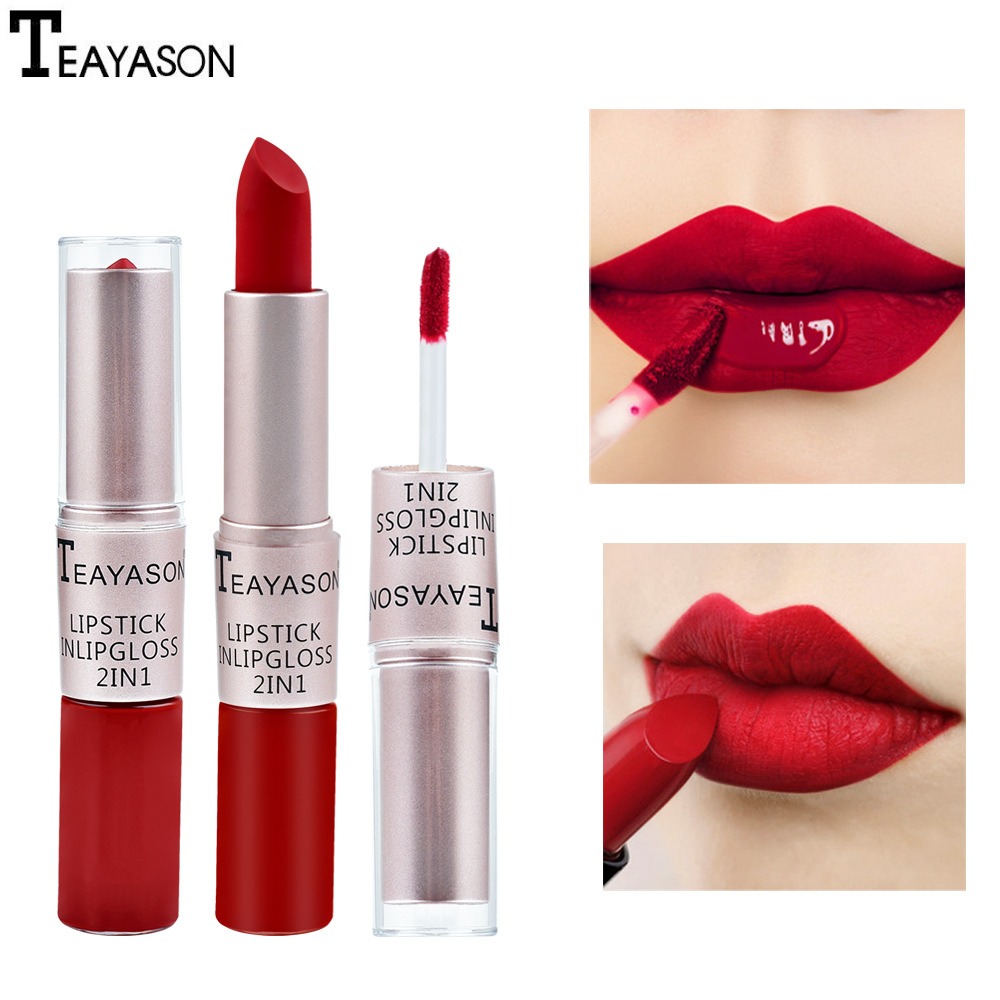 Double head non stick cup matte matte matte lip gloss 2-in-1 matte bean paste non fading cup lipstick for women