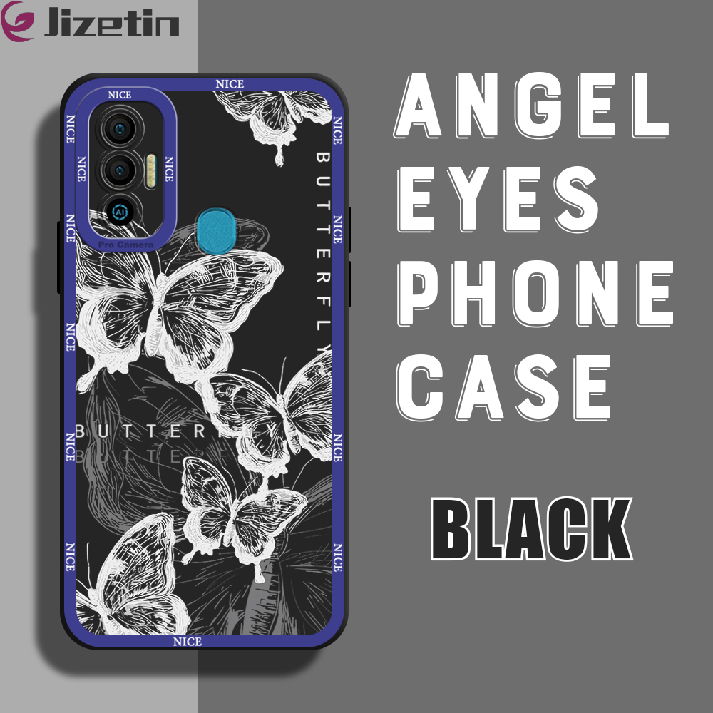 Jizetin for Tecno Spark 7 / Spark 7T Back Cover Butterfly Drawing Lens Full Protection Frame Phone Case Soft TPU Shockproof Mobile Phone Cases