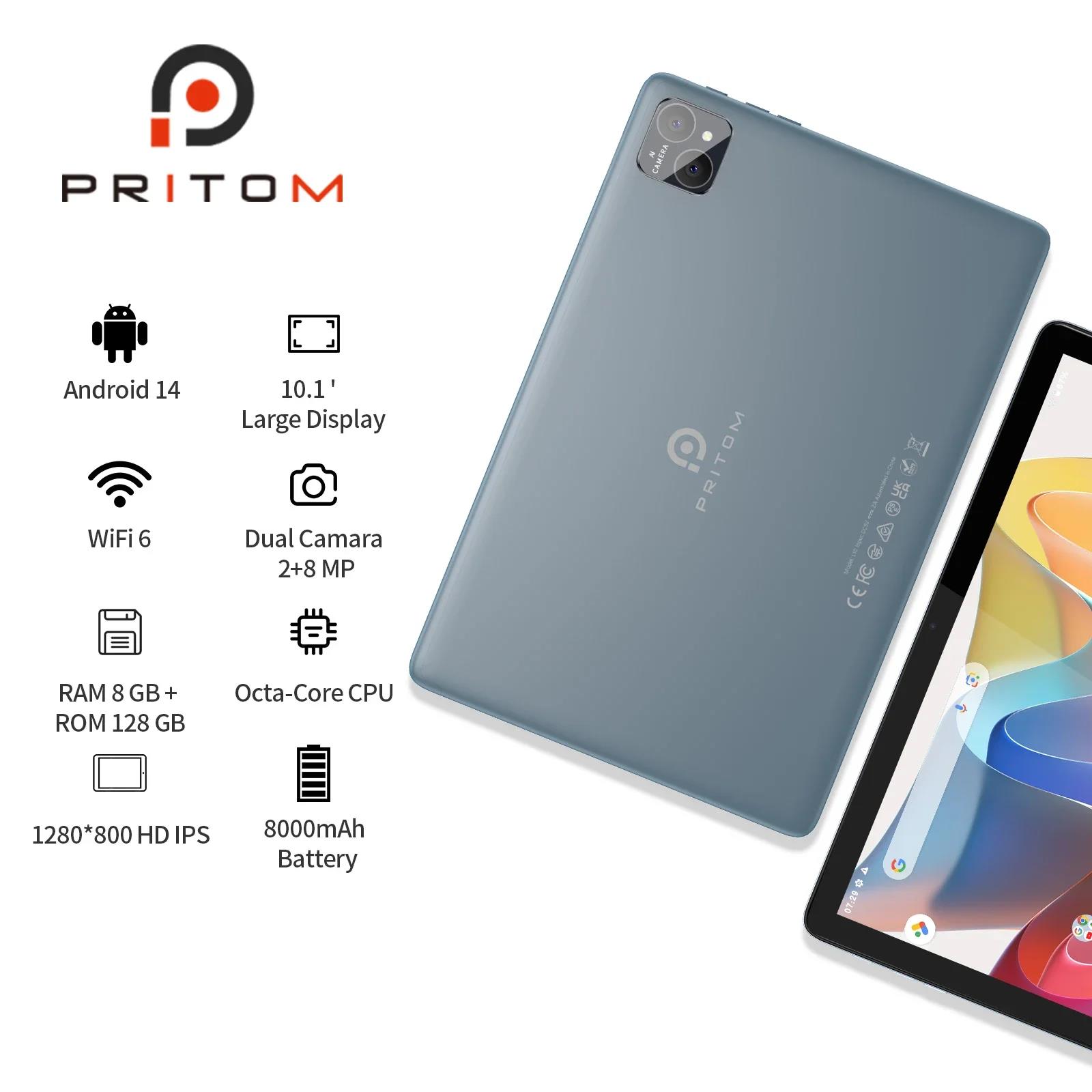 PRITOM TAB11 Android 14 Tablet 10 Inch, 8GB(4+4 Expand) RAM + 128GB ROM, Octa Core, 5G WiFi, with Keyboard, Mouse, Case. 