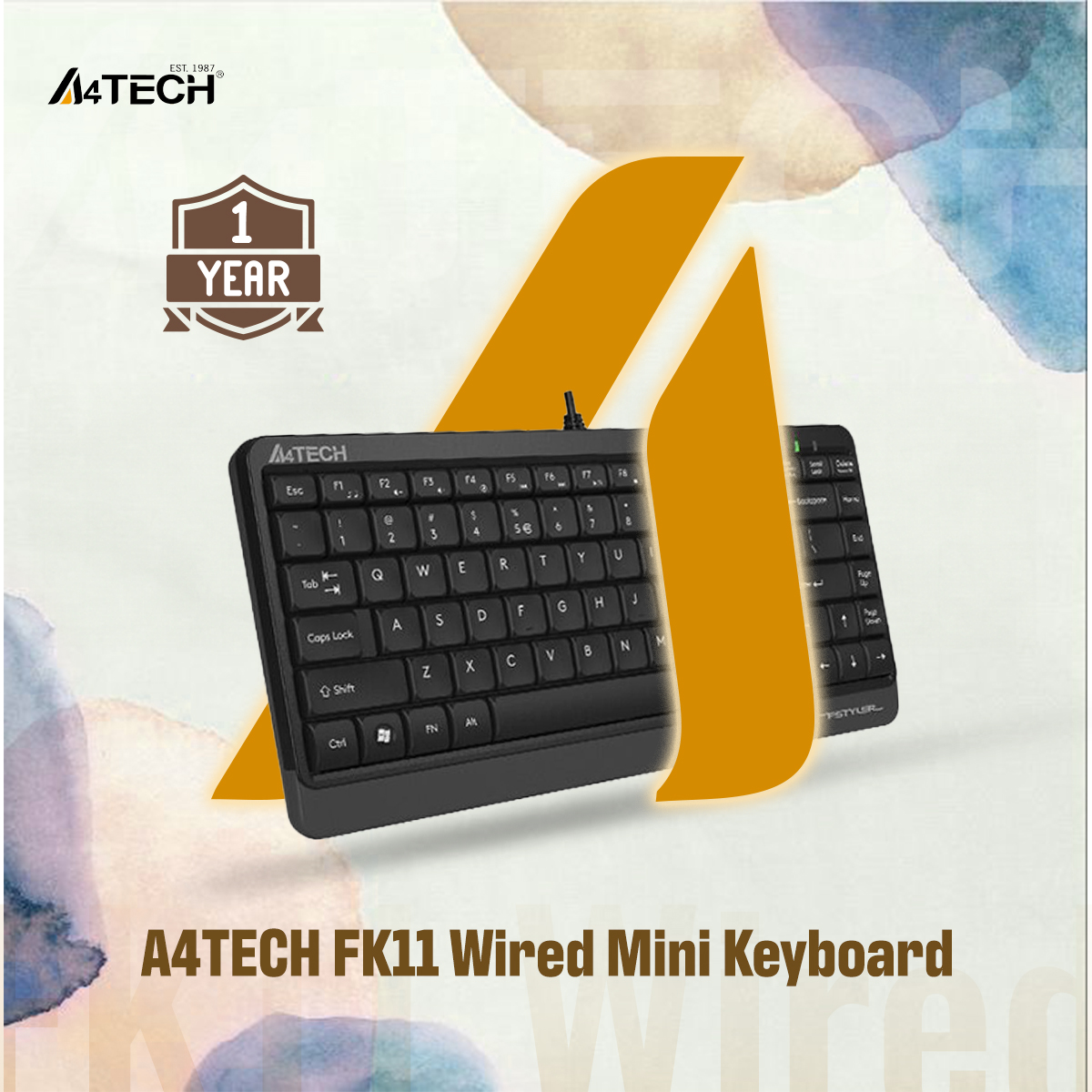 A4TECH FK11 Wired Mini Keyboard - Compact Size - Sleek Round-Square Keycaps - Multimedia Hot Keys - USB - For PC/Laptop - Black
