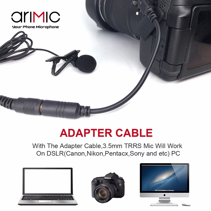 Arimic Lavalier Lapel Clip-on Omnidirectional Condenser Microphone Kit with cable adapter & windshield for iPhone Samsung. 