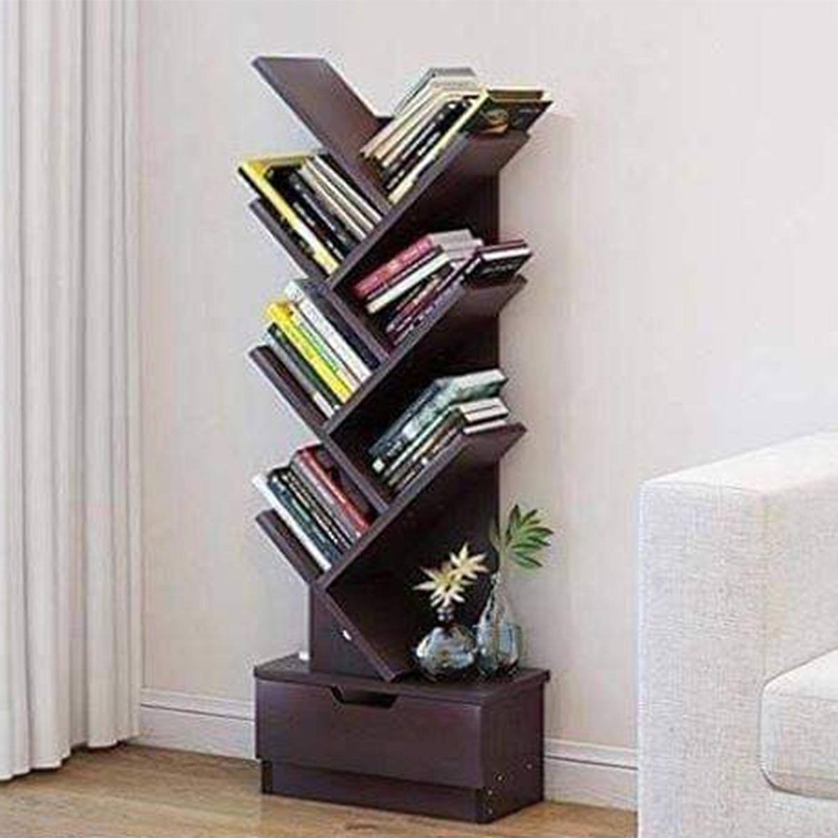 Andormahal MDF Tree Style Book Shelf corner with Drawer. 