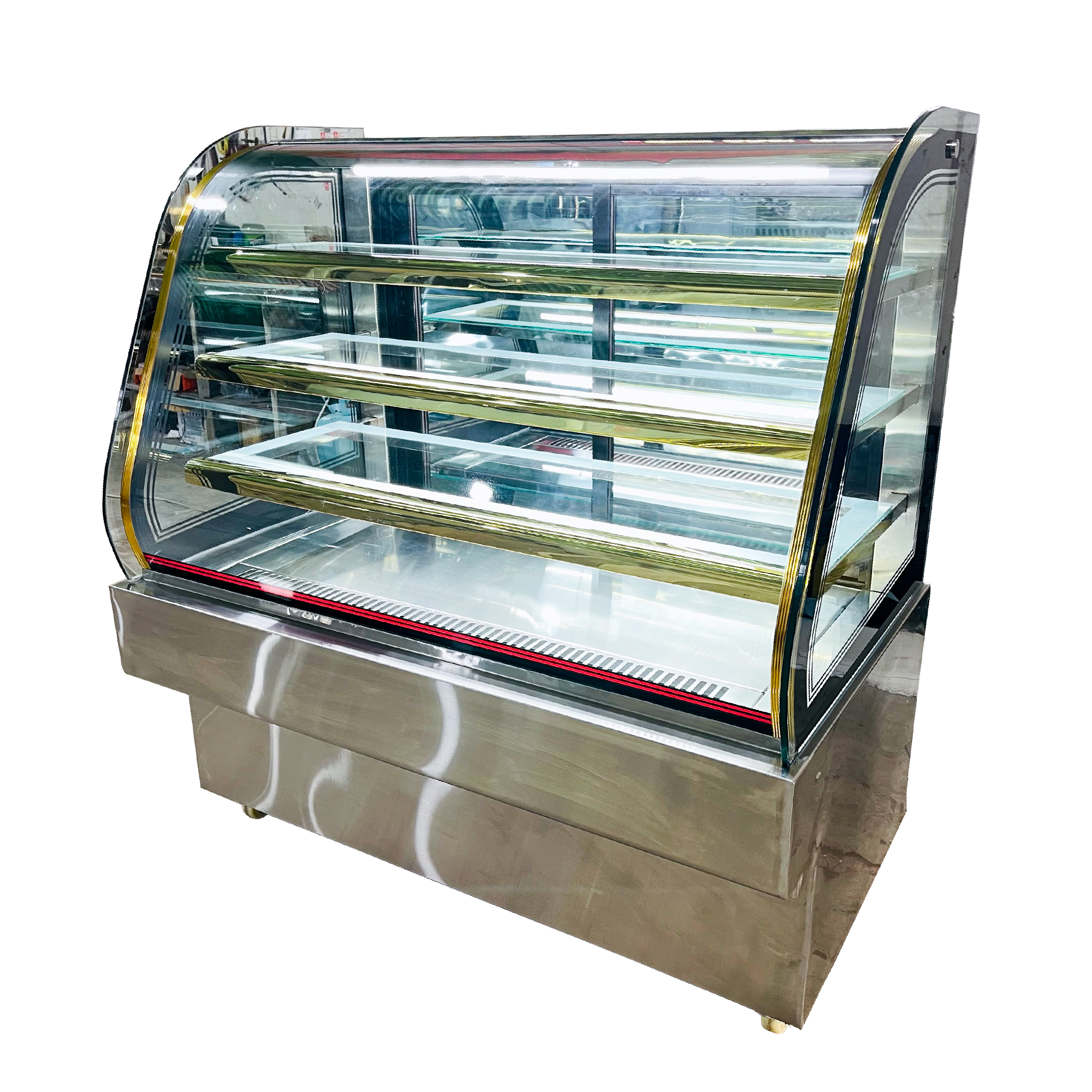 Cake Display Showcase And Bakery Display Showcase Counter with Curved or Square Glass Commercial Refrigerator And Normal System. 