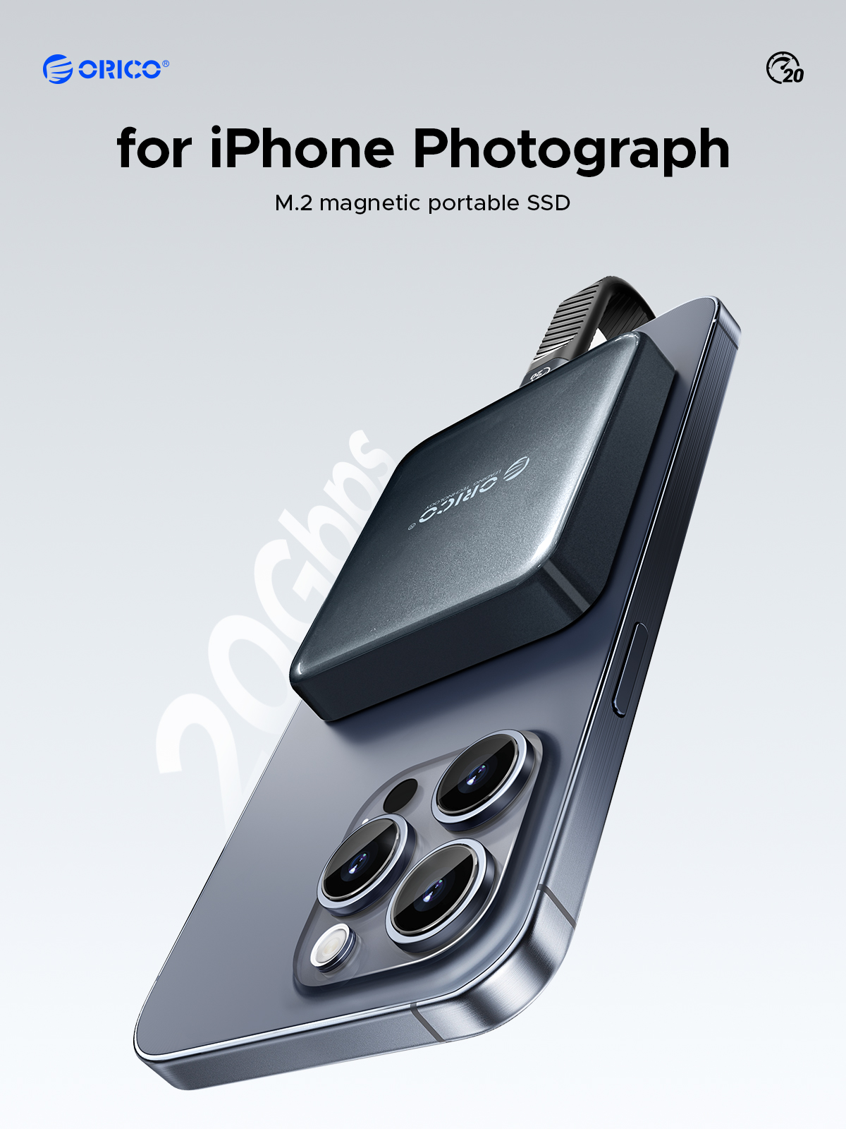 ORICO Magnetic Portable SSD USB3.2 20Gbps Supports 4K ProRes Video Recording for iPhone 15 Pro Series External Solid State Drive. 