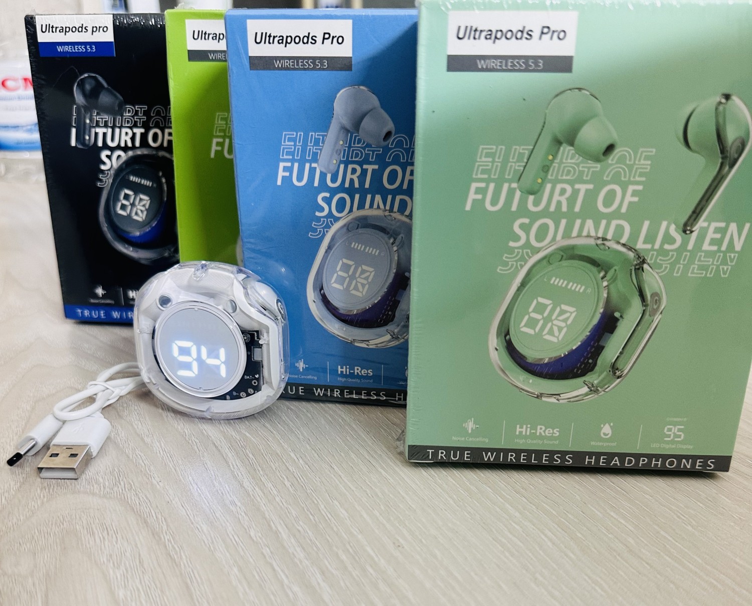 Ultrapods Pro True Wireless Earbuds with Display Transparent Design, Bluetooth 5.3 Water Proof. 