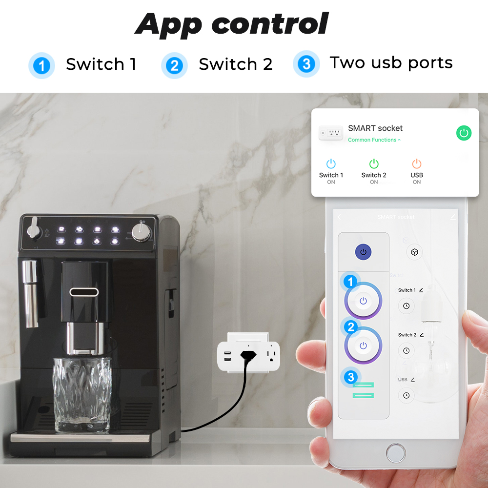 ROVF - Tuya/Smartlife - Wifi Smart Usb Socket - multi plug socket - Power Strip - 16A US Plug Adapter - for Google Home Alexa. 