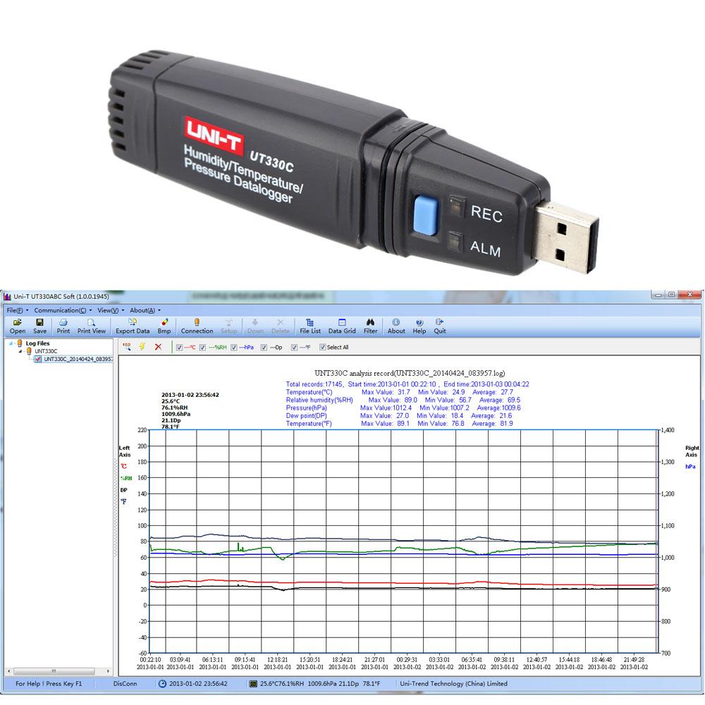 UNI-T UT330C Mini USB Temperature Humidity Atmospheric Pressure Data Recording Logger Meter High-precision Ther-mo-meter Hygrometer Barometer PC Connecting. 