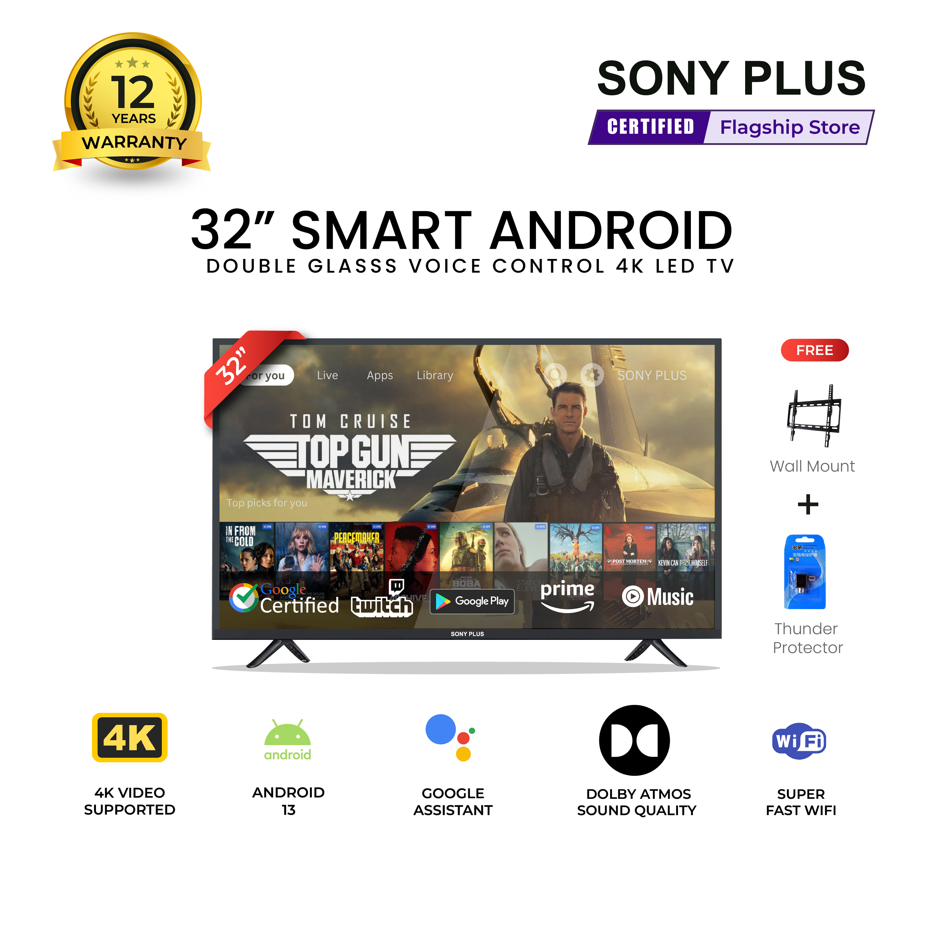 Sony Plus 32 inch Double Glass Voice Control Smart LED TV Wi-Fi Full HD 4K Supported Android Television