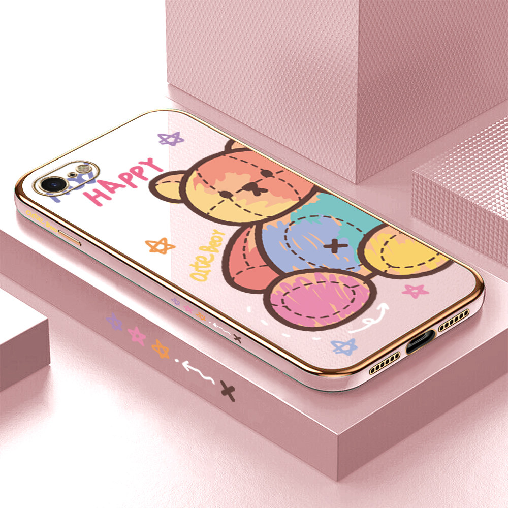 Luxury 6D Plating Case for iPhone 8 Color Cartoon Doll Bear Side Pattern Back Cover Soft Silicone Square Frame Shiny Bling Phone Cases + Free Lanyard. 