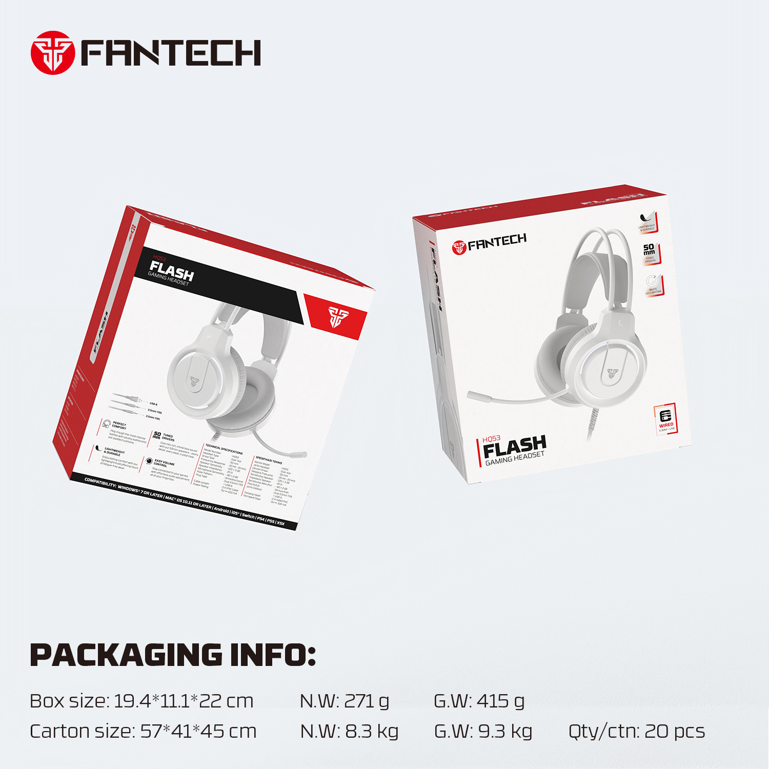FANTECH HQ53 FLASH LIGHTWEIGHT RED/WHITE ACCENT LIGHTING GAMING HEADSET. 