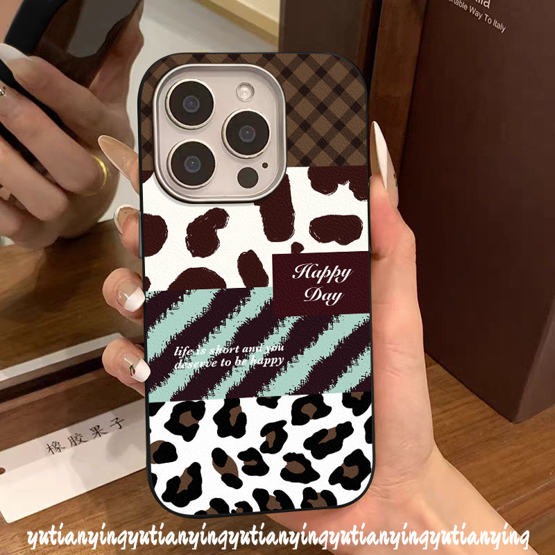 Retro Leopard Print Lattice Splice Skin Feel Leather Texture Case Compatible for IPhone 16 11 15 13 14 12 Pro Max 16Plus 16 14 15 Plus X XR XS Max Luxury 2 in 1 Metal Lens Frame Cover. 