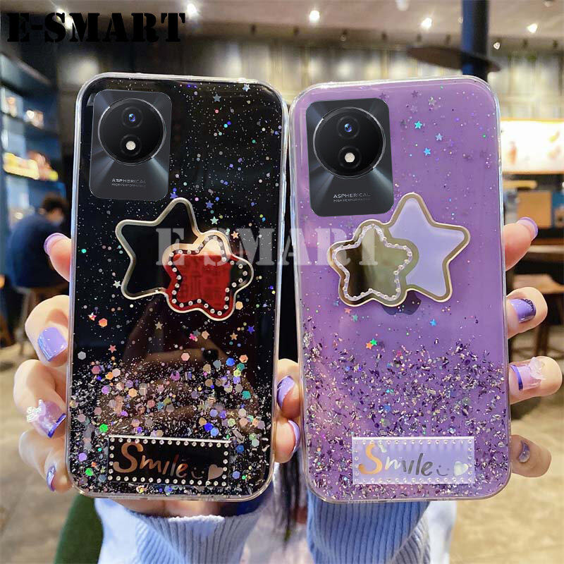 Phone Case For VIVO Y02 Back Cover Shiny Ring Cases Glitter Soft Transparent Full Star Mirror Casing for VIVOY02 Back Cover Stars Moon Girls
