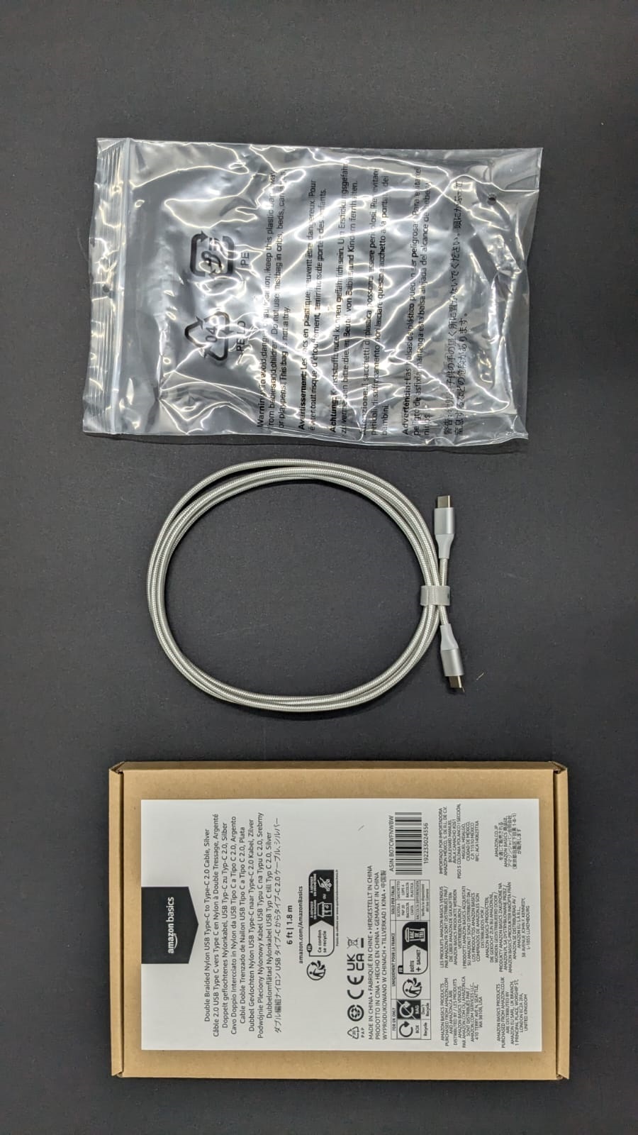 Amazon Basics USB-C to USB-C 2.0 Fast Charger Cable, Nylon Braided Cord, 480Mbps Speed, USB-IF Certified, for Apple iPhone 15, iPad, Samsung Galaxy, Tablets, Laptops, 6 Foot, Silver. 