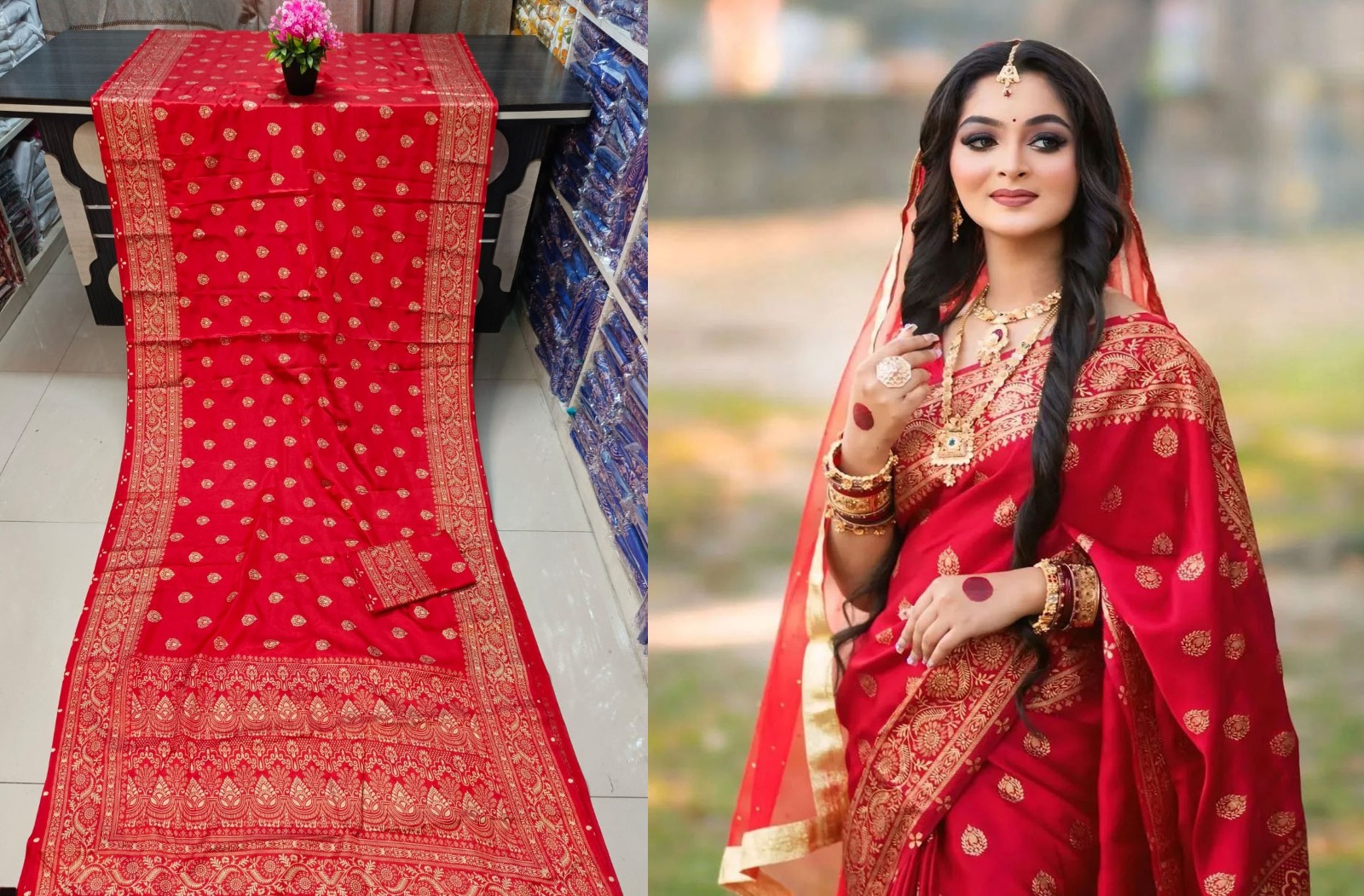 Durga pujar Japanese Soft Silk Sari with Blouse Piece for Women. 