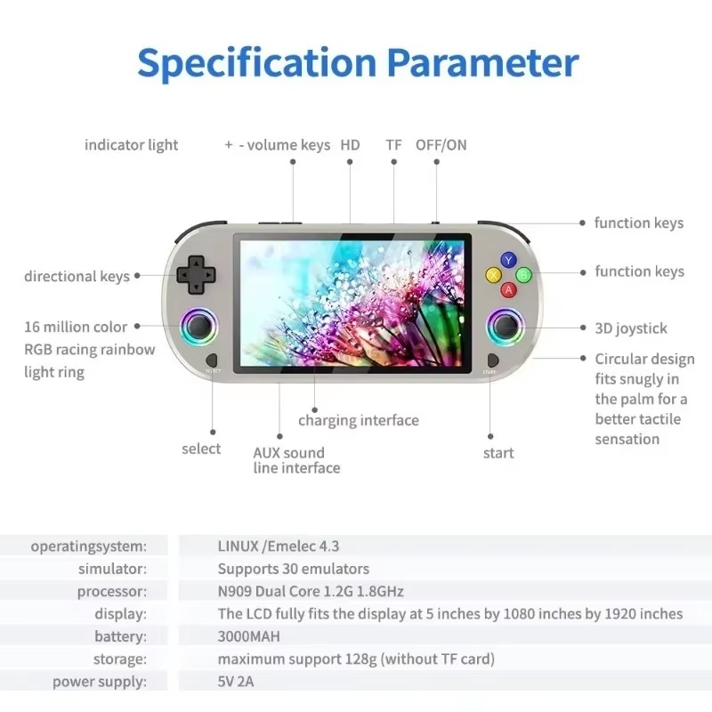 M22 Pro Retro Handheld Game Console 5.0″ HD 1920*1080 IPS Display Support -Option -M22pro-64G-Option -M22pro-64G. 