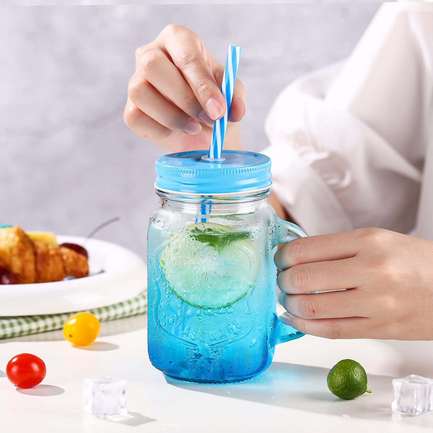Drinking Glass with Handle and Lid 500 ml Colour Gradient Drinking Glasses Straw is RColourful Ice Cold Drink Glasses - Minimalistic Sophistication. 