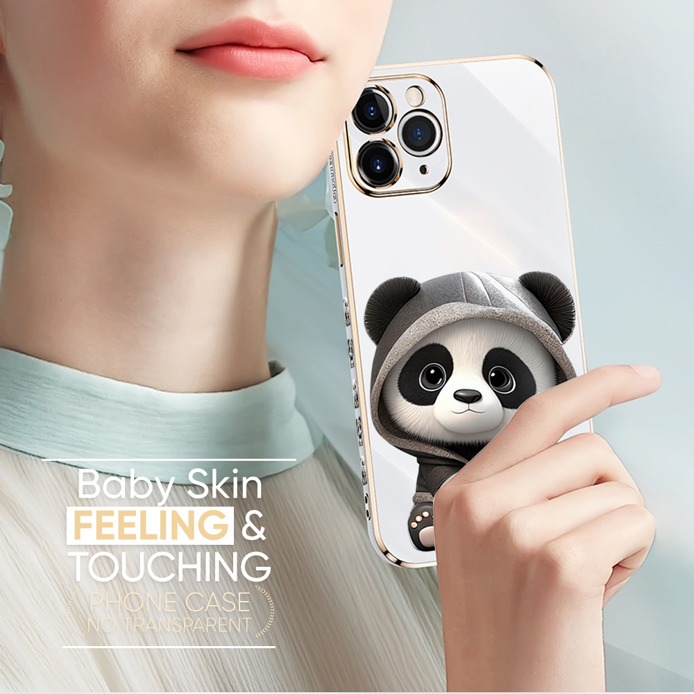 Hontinga for OPPO A76 A36 Back Cover With Free Strap Luxury 6D Plating Cute Panda Side Pattern Case Soft Silicone Square Mobile Cover. 