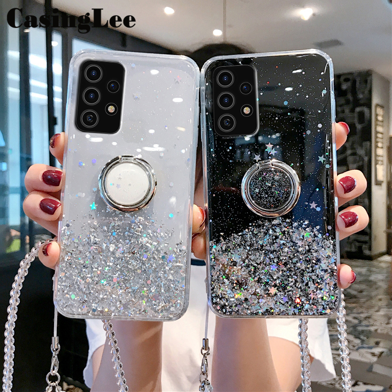 Casinglee for Galaxy A53 5G case Shiny Ring Glitter Soft Transparent Holder Stand Back cover with String for Samsung A53 5G Phone cases cover Stars Moon Girls. 