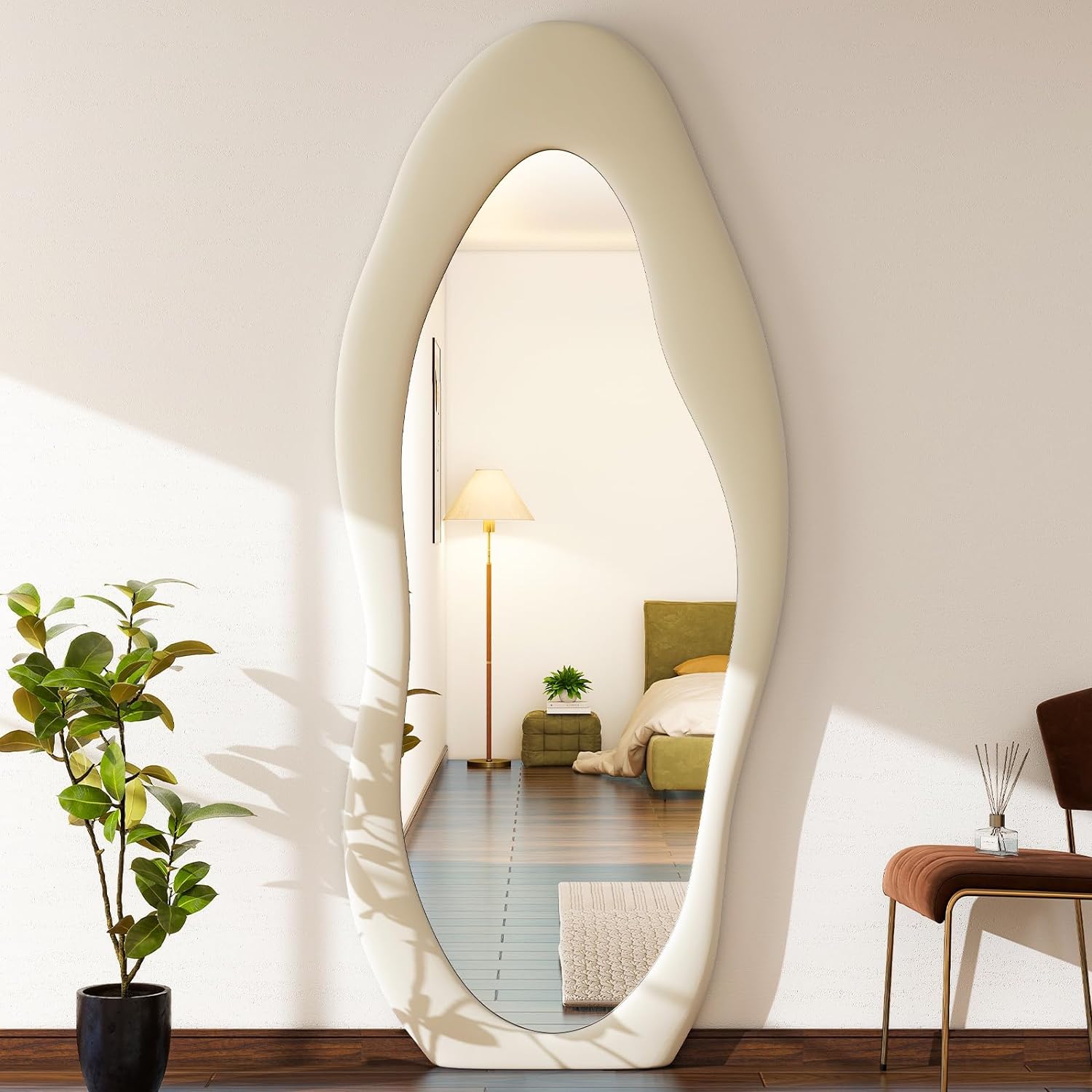 71 x 30 Irregular Full Length Mirror with Flannel Wrapped Wooden Frame - Extra Large Full Mirror for Hanging or Leaning. 