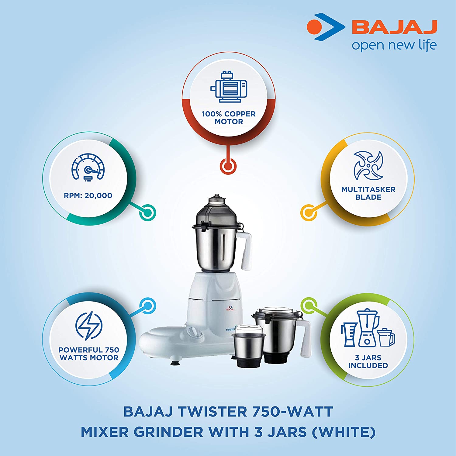 Bajaj Twister 750 Watts Mixer Grinder / Blender / Juicer. 