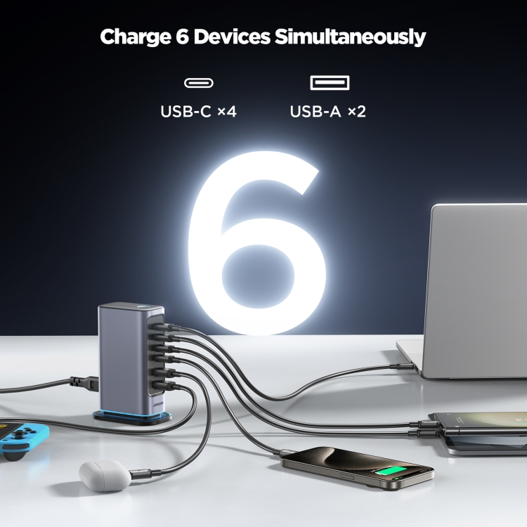 JOYROOM JR-TCM02 6 in 1 65W GaN 4 USB-C & 2 USB-A Multi-port Charger, Power Plug:UK Plug(Dark Gray) - 3