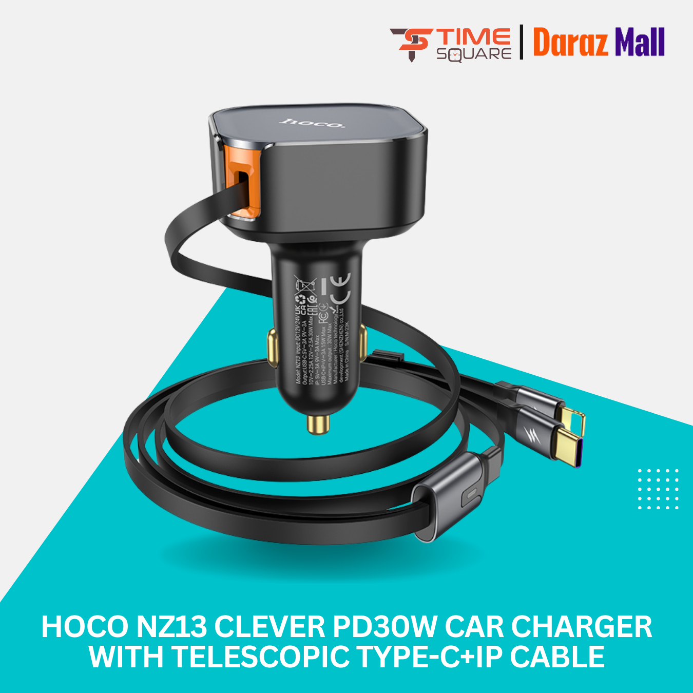 HOCO NZ13 Clever PD30W Car Charger With Telescopic Type-C+iP Cable