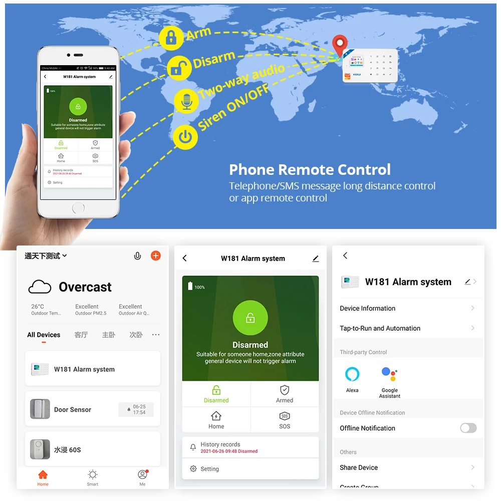 KERUI W181 WIFI GSM Tuya Smart House Security Alarm System Burglar  Devices App Control Siren Wireless Compatible with wireless PIR sensor, door sensor, smoke detector, gas detector, panic button. 