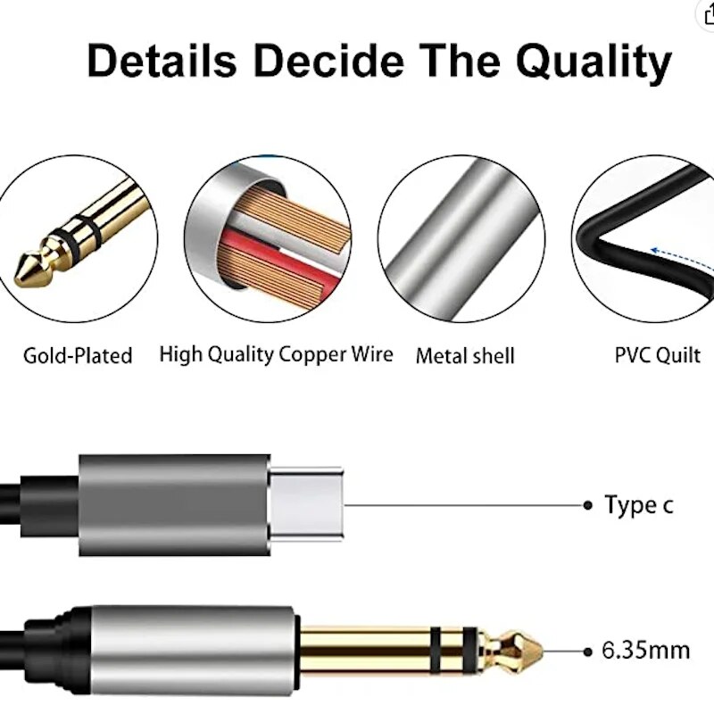 1/2/3/5m USB C to 6.35mm cable,Type C to 6.5mm audio adapter auxiliary jack stereo cable for amplifier, speaker, Mixing Console. 