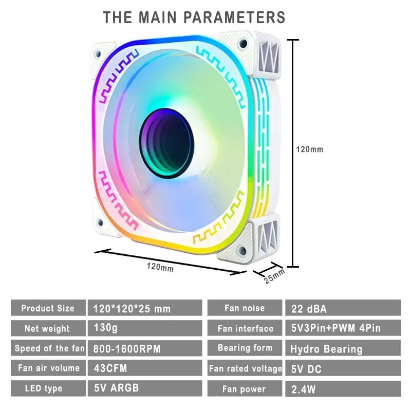 IWONGOU Pc Fan 120mm 4pin Pwm Ar12pro with Argb Controller White Computer PC Case Coolers 5v3pin Aura Sync. 