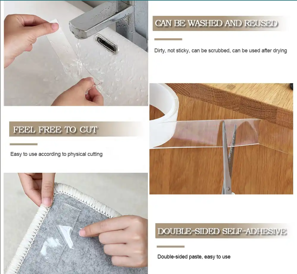 3M/5M Nano Adhesive Tape, GXR Multipurpose Double Sided Transparent No-Trace Removable Glue Tape, 3M/5M Washable Strong Gel Tape Anti-Slip Sticky Tape for Wall, Kitchen, Carpet, Photos Fixed. 