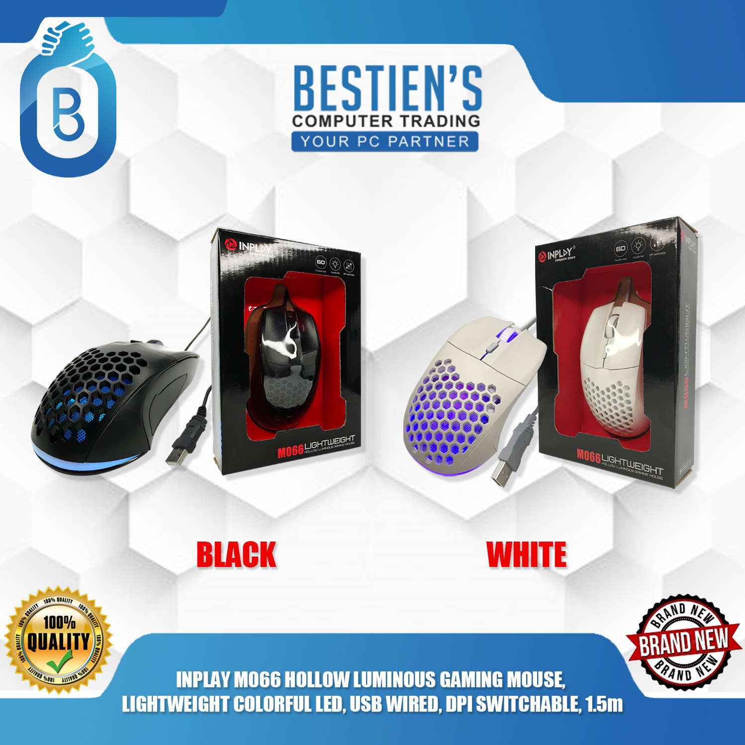 INPLAY M066 HOLLOW LUMINOUS GAMING MOUSE, LIGHTWEIGHT COLORFUL LED, USB WIRED, DPI SWITCHABLE, 1.5m