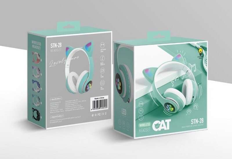 New S-28 Cat Ear Headworn Bluetooth Earphones with Sparkling Light 5.0 Wireless Sports and Leisure Card Folding. 