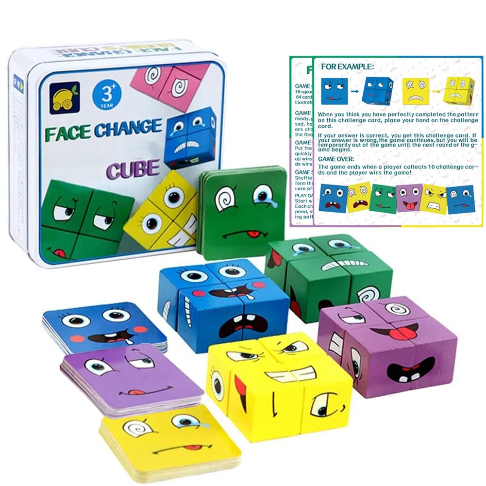 【Happy baby toy store】Wooden Expressions Toy, Wooden Magic Cube Pattern Blocks Educational Montessori Toys Wooden Matching Block
