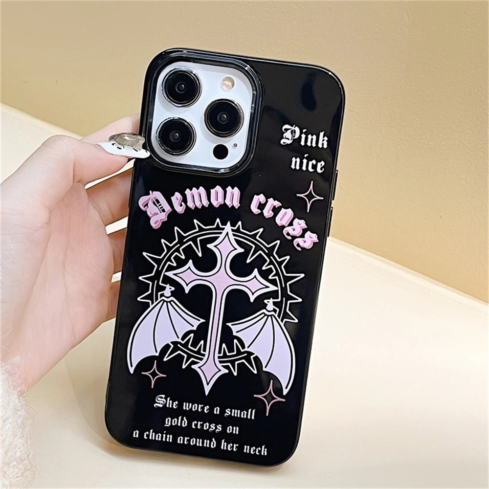 Y2k Korean Cute Pink Wings Case For iPhone 15 14 13 12 11 Pro Max Mini X XR 7 8 Plus SE Glossy Shockproof Soft Black TPU Cover. 