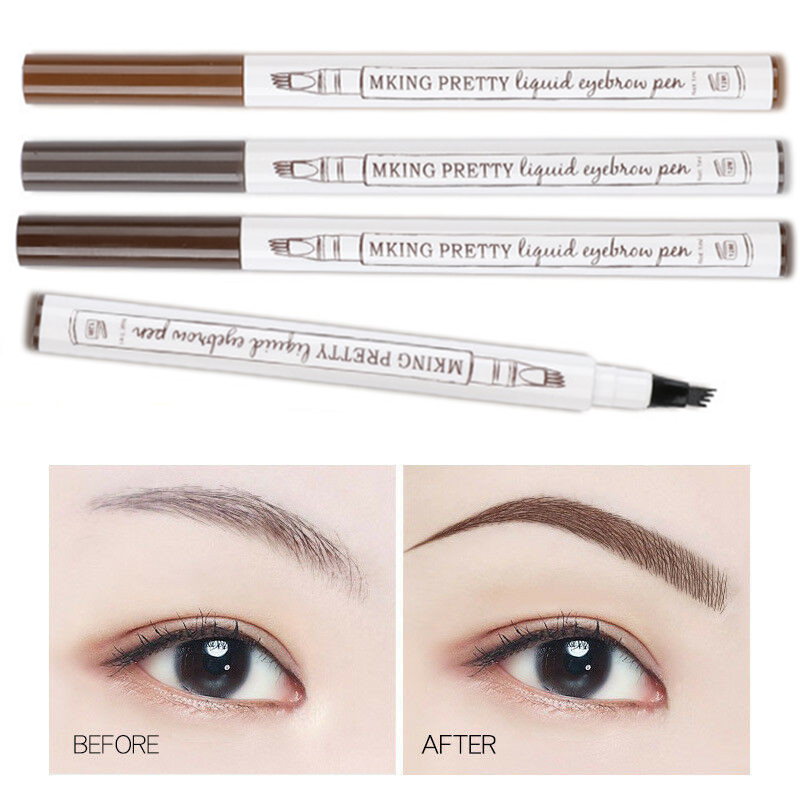 Dark Brown Eyebrow Pencil - Microblading Eyebrow Tattoo Pen for Perfect Brows! Makeup Waterproof 4-Tip Eyebrow Pen with Black Liquid Enhancer for Flawless, Natural-Looking Eyebrows. Cosmetic Tool for Easy, Quick & Long-Lasting Eyebrow Shaping & Enhancemen. 