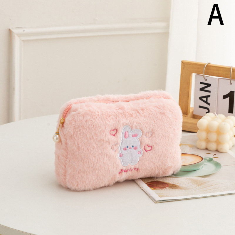 Plush Makeup Bag Cute Little Bear Rabbit Portable Storage Wash Bag Girl Large Capacity Embroidery Bag Travel Cosmetic Organizer