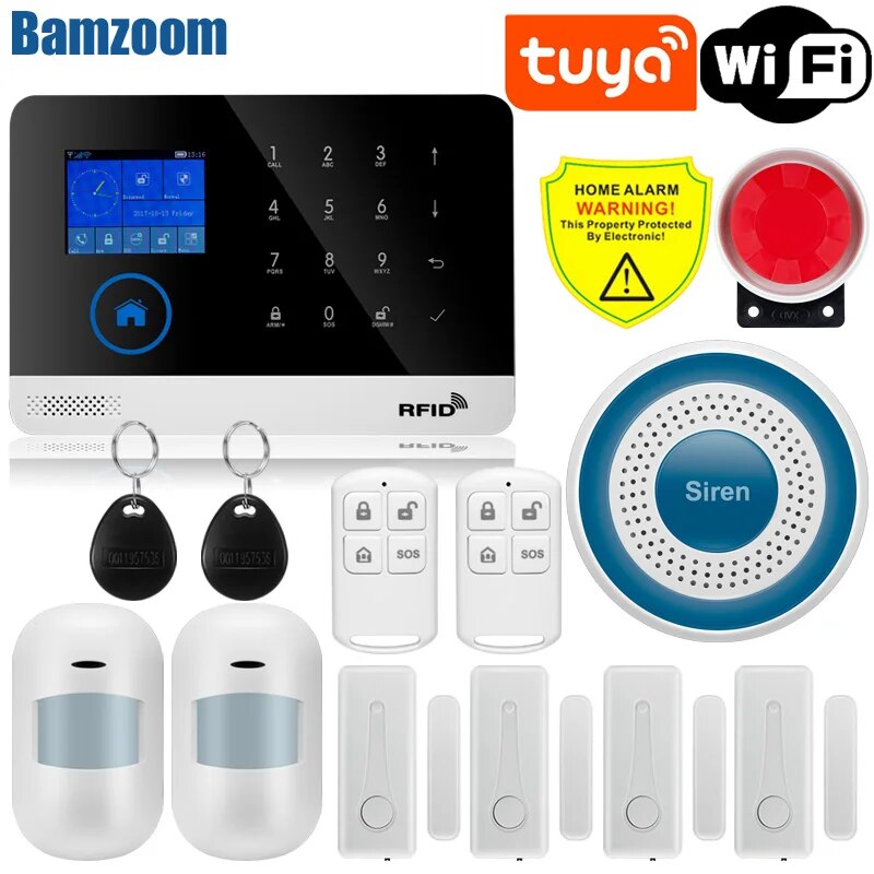 Tuya WiFi GSM home Security Protection smart Alarm System Touch screen Burglar kit Mobile APP Remote Control RFID Arm and Disarm. 