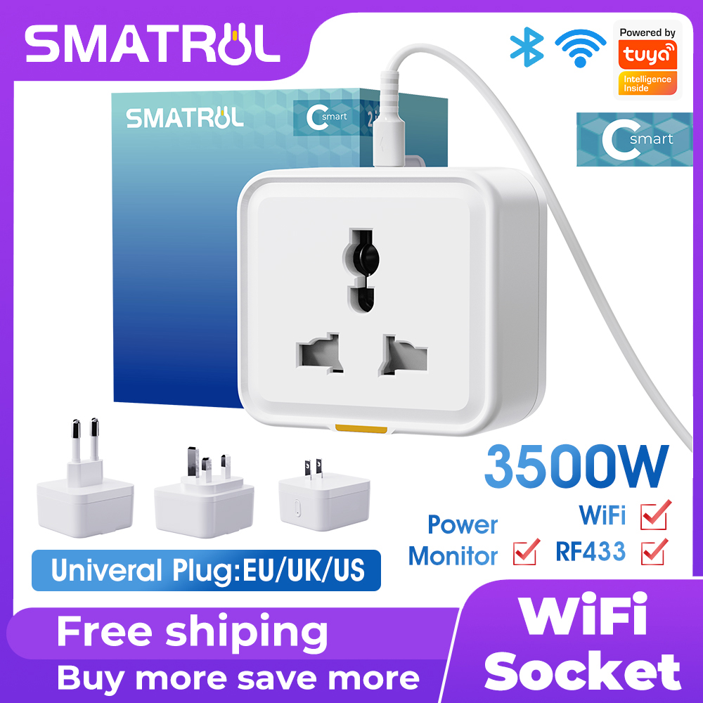 SMATRUL Tuya Wifi Smart Plug Universal Plug 2 Pin 3 Pin Socket with Power Monitor Type-C Timer Voice Control for Google Home Alexa Water motor Electric Geyser Water Heater 3500W. 