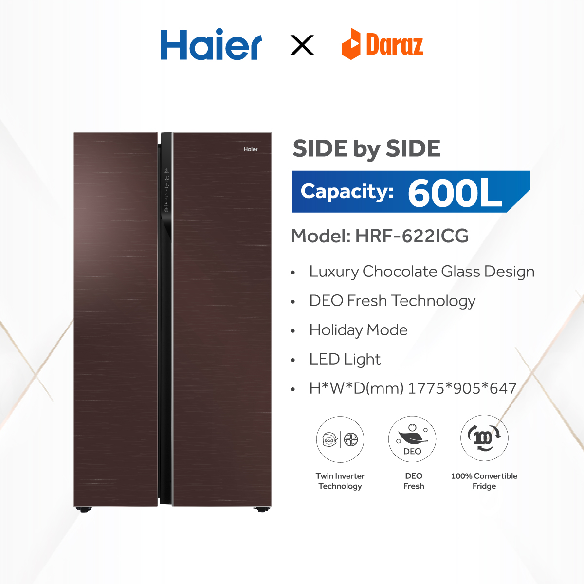 Haier 600L Side-by-Side No Frost Refrigerator. 
