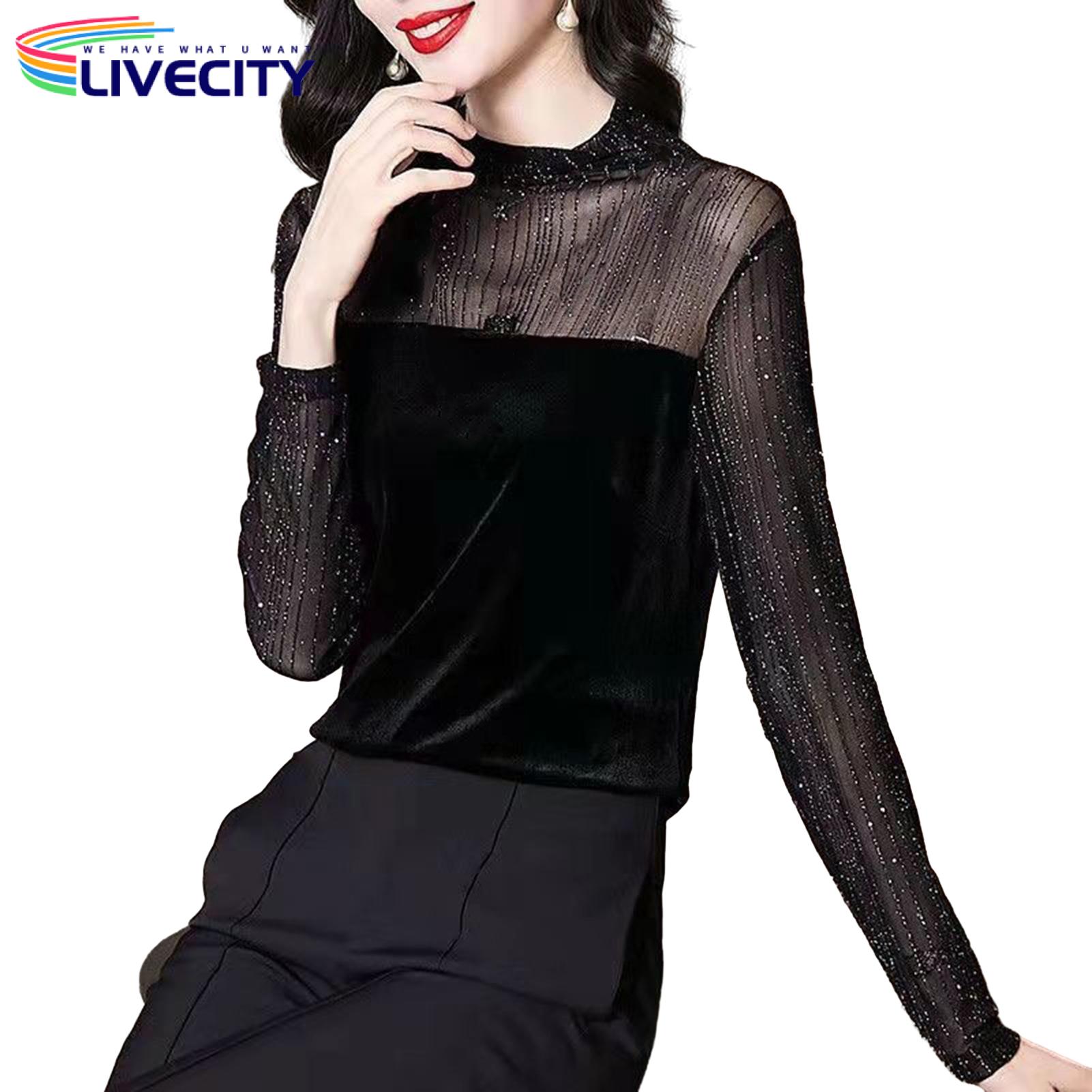 Solid Color Long-sleeve Shirt Shiny Stripe Lace Patchwork Long Sleeve Blouse Top for Women Soft Pullover Commute Lady Shirt Women Casual Shirt