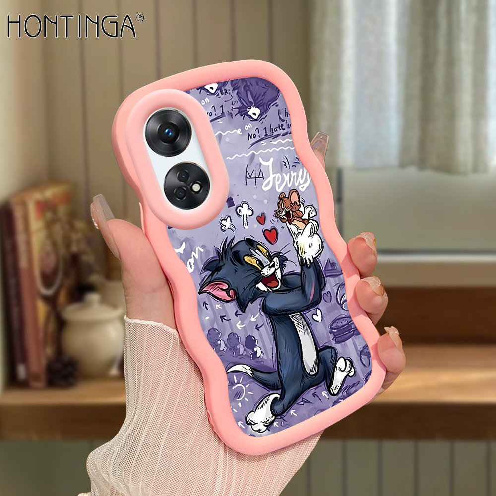 Hontinga for OPPO Reno8 T Back Cover Tom and Jerry Pattern Luxury Phone Cover Soft Silicone Macaron Wave Mobile Case