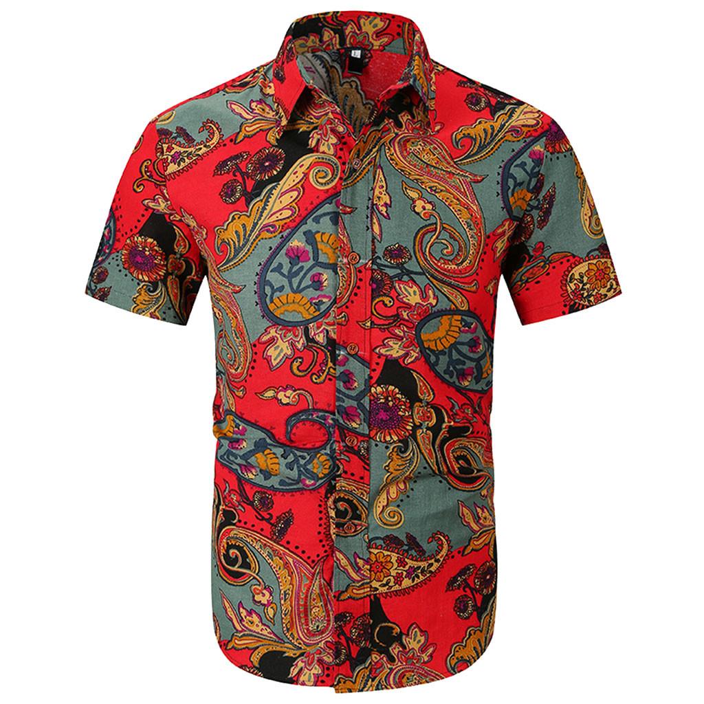 2019 New Personality Mens Summer Casual Slim Short Sleeve Printed Shirt Top Blouse